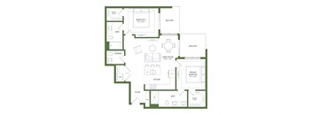 A floor plan of a house with a primary bedroom, a secondary bedroom, a bathroom, a powder room, a kitchen, a foyer, and two balconies.