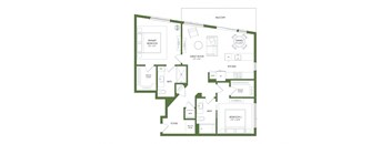 A floor plan of a house with a balcony, two bedrooms, a bathroom, a kitchen, a foyer, and a great room.