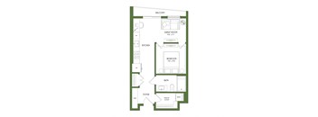 A floor plan of a house with a balcony, great room, kitchen, bedroom, bath, foyer, and walk-in closet.