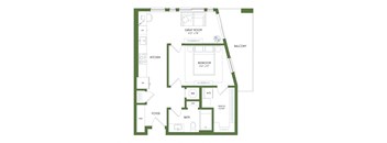 A floor plan of a house with a Great Room, Balcony, Kitchen, Bedroom, Bath, and Foyers.
