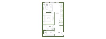 A floor plan of a small apartment with a great room, kitchen, bedroom, bathroom, foyer, and walk-in closet.
