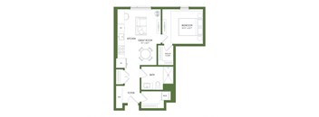 A floor plan of a house with a kitchen, great room, bath, foyer, and bedroom.