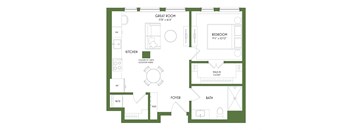 A floor plan of a house with a kitchen, living room, and bathroom.