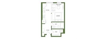 A floor plan of a small apartment with a sleeping area, kitchen, bathroom, and foyer.