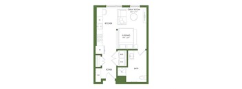 A floor plan of a small apartment with a kitchen, sleeping area, bathroom, and foyer.