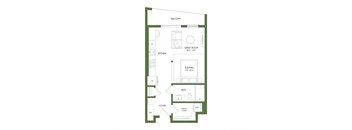 A floor plan of a small apartment with a kitchen, bathroom, sleeping area, and foyer.
