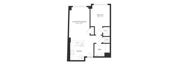 A floor plan of a small apartment with a living room, kitchen, bathroom, bedroom and entry.