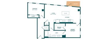 A floor plan of a home with a bedroom, living room, kitchen, and bathroom.