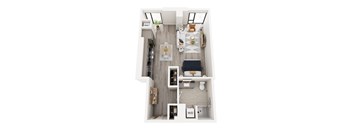 A top down view of a small apartment with a kitchen, living room, and bathroom.