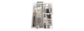 A top down view of a small apartment with a kitchen, living room, and bedroom.