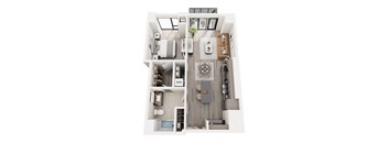 A top down view of a small apartment with a kitchen, living room, and bathroom.
