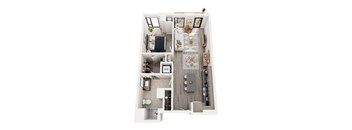 A top down view of a small apartment with a kitchen, living room, and bathroom.
