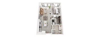 A top down view of a small apartment with a kitchen, living room, and bathroom.