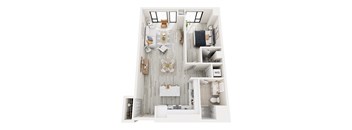 A top down view of a modern apartment with a kitchen, dining area, and living room.