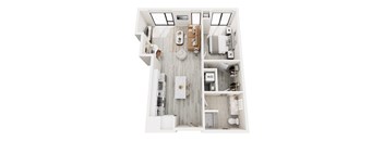 A top-down view of a small apartment with a kitchen, living room, and bathroom.