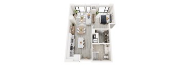 A top down view of a small apartment with a kitchen, dining area, and bedroom.
