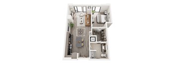A top-down view of a small, modern apartment layout.