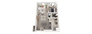 A top down view of a small apartment with a kitchen, living room, and bathroom.