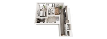 A white and wood floor plan of a small apartment with a kitchen, living room, and bedroom.