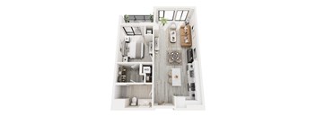 A top down view of a small apartment with a kitchen, living room, and bathroom.