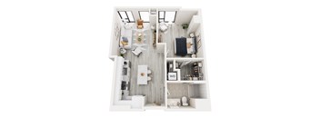 A top down view of a small apartment with a kitchen, living room, and bathroom.