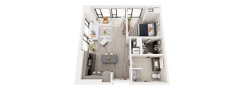 A top-down view of a modern apartment layout with a kitchen, living room, and bathroom.