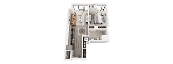 A top down view of a small apartment with a kitchen, living room, and bathroom.