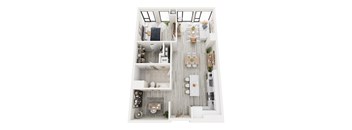 A top down view of a small apartment with a kitchen, living room, and bathroom.