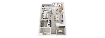 A top-down view of a small apartment with a kitchen, living room, and bathroom.