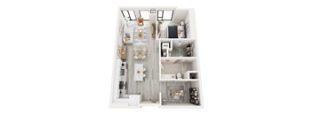 A top-down view of a small, neatly organized apartment with a kitchen, living room, and bathroom.