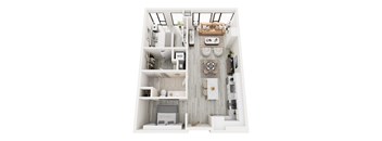A top down view of a small apartment with a kitchen, living room, and bathroom.
