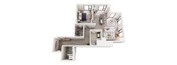 A white and wood floor plan of a house with a kitchen, living room, dining room, and bedrooms.