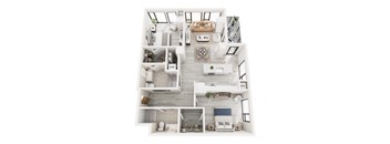 A top-down view of a modern apartment layout.