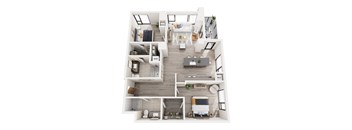 A top-down view of a modern apartment layout with labeled rooms.