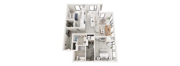 A top down view of a small apartment with a kitchen, living room, and bathroom.