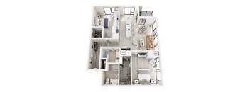 A top-down view of a small apartment with a kitchen, living room, and bathroom.