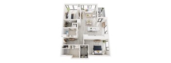A top-down view of a modern, white, open-plan apartment with a kitchen, living room, dining area, and bedroom.