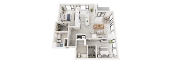 A top-down view of a modern, white-walled house with a living room, kitchen, dining area, and bedrooms.