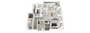 A top-down view of a modern apartment layout with labeled sections.