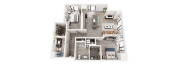 A floor plan of a two-bedroom apartment with a living room, kitchen, and bathrooms.