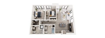 A top-down view of a modern apartment layout with two bedrooms, a living area, and a kitchen.