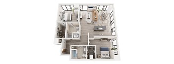 A top-down view of a modern, open-plan apartment layout.