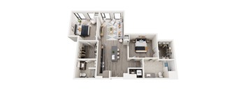 A top-down view of a modern apartment layout.