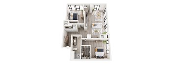 A top-down view of a small apartment with a kitchen, living room, and bathroom.