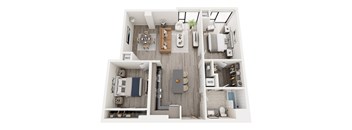 A top-down view of a small apartment with a kitchen, living room, and bedroom.