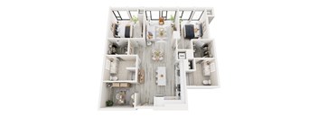 A top down view of a modern apartment layout.