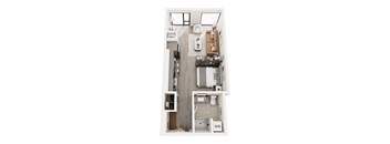 A top down view of a small apartment with a kitchen, living room, and bathroom.