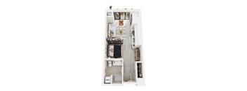 A top-down view of a small apartment with a kitchen, living room, and bathroom.