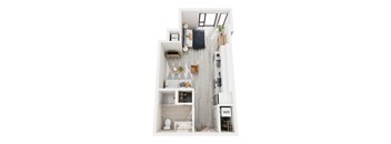 A top down view of a small apartment with a kitchen, living room, and bathroom.