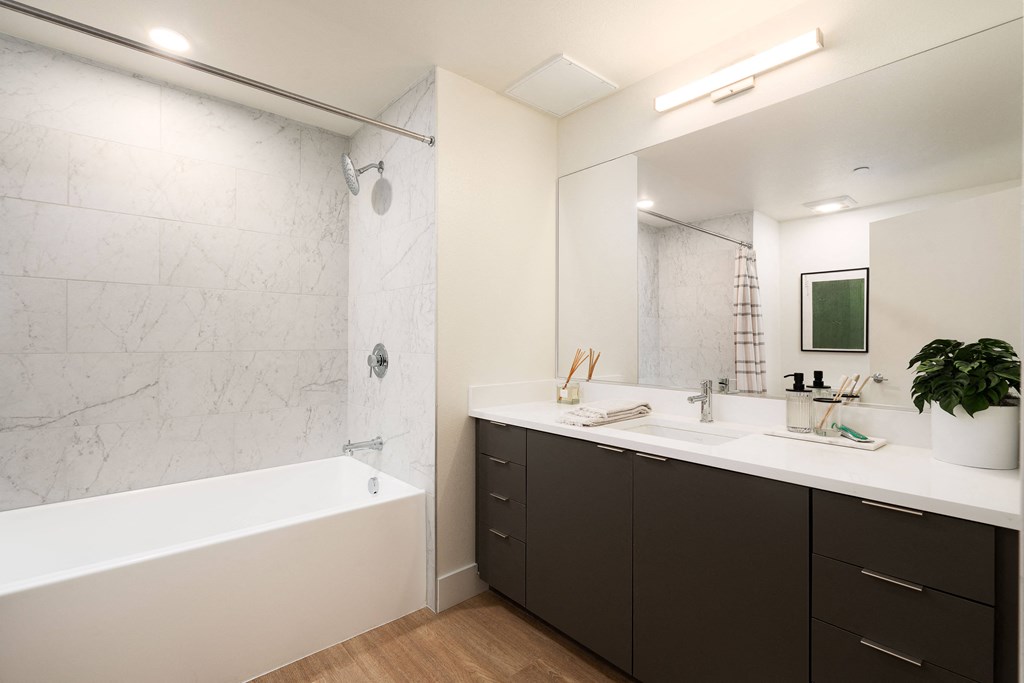 a bathroom with a tub and a sink and a mirror